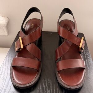Zara Brown Leather Sandals With Gold Buckles Like New 2025